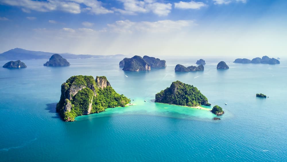 aerial shot of the islands of Phang Nga Bay