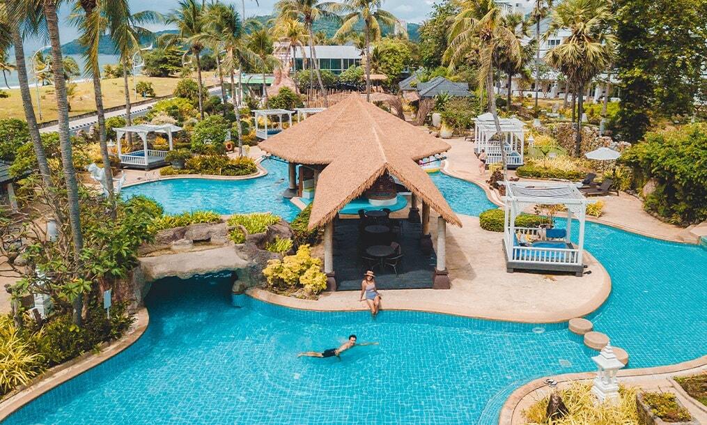 Private cabanas and waterfalls at Groovy Pool
