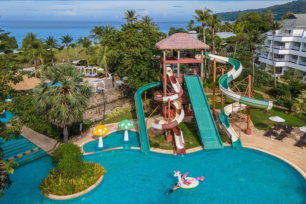 Kids are thrilled by giant waterslides in Karon Beach, Phuket.